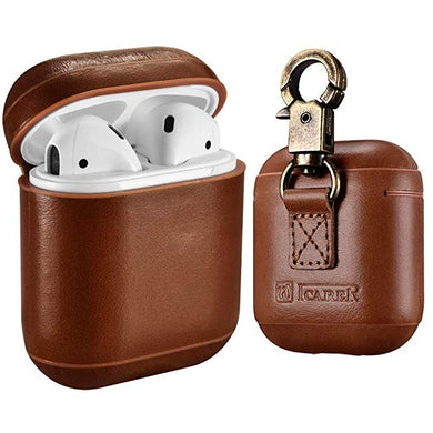 ICARER Cowhide Leather Anti-lost Dropproof Wireless Earphones Charging Box Protective Case for Apple AirPods 1/2, with Clasp(Brown)