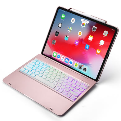 F129S ABS Colorful Backlit Bluetooth Keyboard Tablet Case for iPad Pro 12.9 inch （2018）, with Pen Slot(Rose Gold)