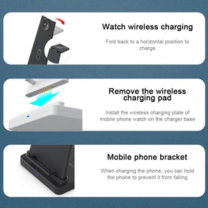 HQ-UD21 3 in 1 Folding Mobile Phone Watch Multi-Function Charging Stand Wireless Charger for iPhones & Apple Watch & Airpods (Black)