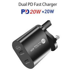002 40W Dual Port PD / Type-C Fast Charger with USB-C to 8 Pin Data Cable, UK Plug(Black)