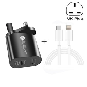 002 40W Dual Port PD / Type-C Fast Charger with USB-C to 8 Pin Data Cable, UK Plug(Black)