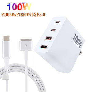 GaN 100W Dual USB-C/Type-C + Dual USB Multi Port Charger with  1.8m Type-C to MagSafe 2 / T Header Data Cable, Plug Size:US / UK Plug
