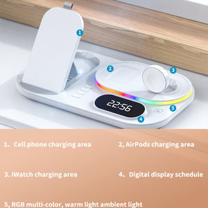 A06 3 in 1 Wireless Charger Fast Charging RGB Atmosphere Light with Clock For Smart Phone & iWatch & AirPods(White)