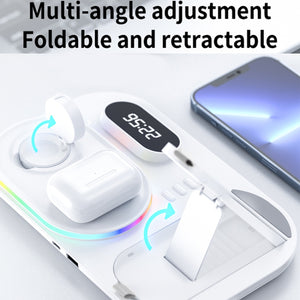 A06 3 in 1 Wireless Charger Fast Charging RGB Atmosphere Light with Clock For Smart Phone & iWatch & AirPods(Black)