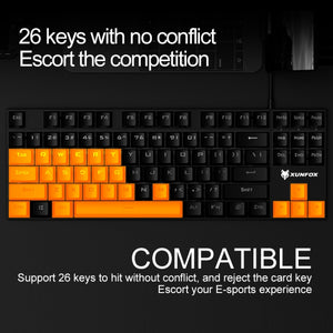 XUNFOX K80 87 Keys Wired Gaming Mechanical Illuminated Keyboard, Cable Length:1.5m(Yellow White)
