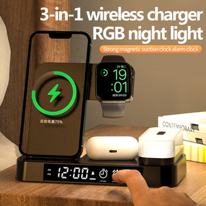A37 30W 3-in-1 Wireless Charging Phone Stand with RGB Night Light & Alarm Clock & Watch Charger For Apple Function(White)