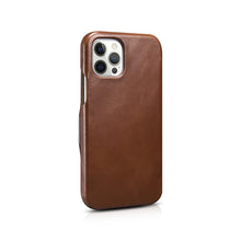 ICARER Retro Style Folio Genuine Leather Flip Phone Casing for iPhone 12/12 Pro - Brown