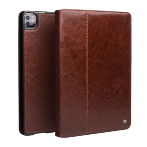 QIALINO TPU + Genuine Leather + Cowhide Leather Smart Tablet Shell with Stand for iPad Pro 12.9-inch (2021/2020) - Brown