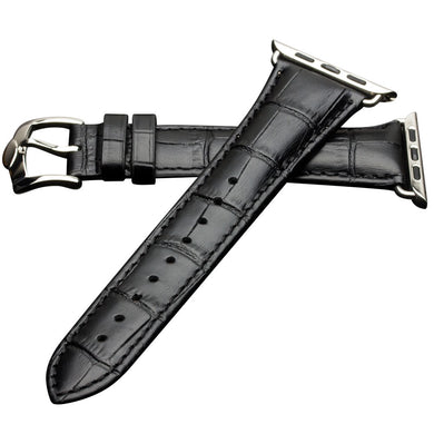 QIALINO Crocodile Pattern Genuine Leather Watch Wrist Strap for Apple Watch Series 7 45mm/ Series 6 SE 5 4 44mm / Series 3 2 1 42mm - Black