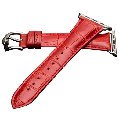 QIALINO Crocodile Pattern Genuine Leather Watch Wrist Strap for Apple Watch Series 7 45mm/ Series 6 SE 5 4 44mm / Series 3 2 1 42mm - Red