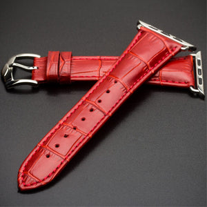 QIALINO Crocodile Pattern Genuine Leather Watch Wrist Strap for Apple Watch Series 7 45mm/ Series 6 SE 5 4 44mm / Series 3 2 1 42mm - Red