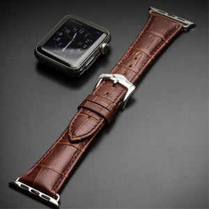 QIALINO Crocodile Pattern Genuine Leather Watch Wrist Strap for Apple Watch Series 7 45mm/ Series 6 SE 5 4 44mm / Series 3 2 1 42mm - Brown