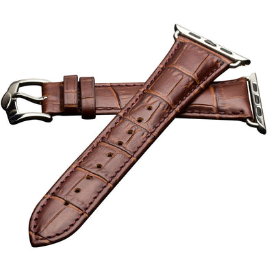 QIALINO Crocodile Pattern Genuine Leather Watch Wrist Strap for Apple Watch Series 7 45mm/ Series 6 SE 5 4 44mm / Series 3 2 1 42mm - Brown