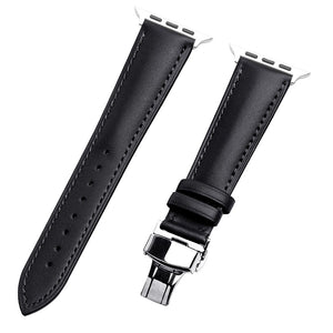 QIALINO for Apple Watch Series 7 45mm / Series 6/5/4/SE 44mm Series 3/2/1 42mm Solid Color Genuine Leather Wristband Smart Watch Replacement Strap - Black