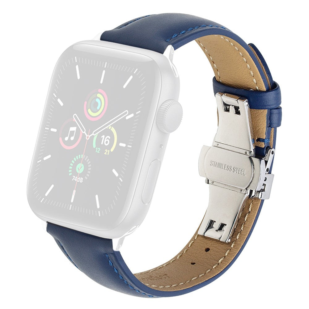 QIALINO for Apple Watch Series 7 45mm / Series 6/5/4/SE 44mm Series 3/2/1 42mm Solid Color Genuine Leather Wristband Smart Watch Replacement Strap - Blue