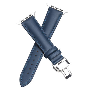 QIALINO for Apple Watch Series 7 45mm / Series 6/5/4/SE 44mm Series 3/2/1 42mm Solid Color Genuine Leather Wristband Smart Watch Replacement Strap - Blue
