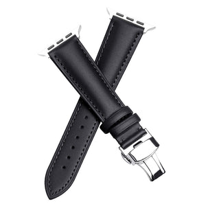 QIALINO for Apple Watch Series 7 41mm / Series 6/5/4/SE 40mm Series 3/2/1 38mm Genuine Leather Wear-resistant Solid Color Wristband Smart Watch Replacement Strap - Black