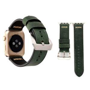 For Apple Watch 45mm 44mm 42mm Retro XX Line Pattern Genuine Leather Wrist Watch Band(Green)