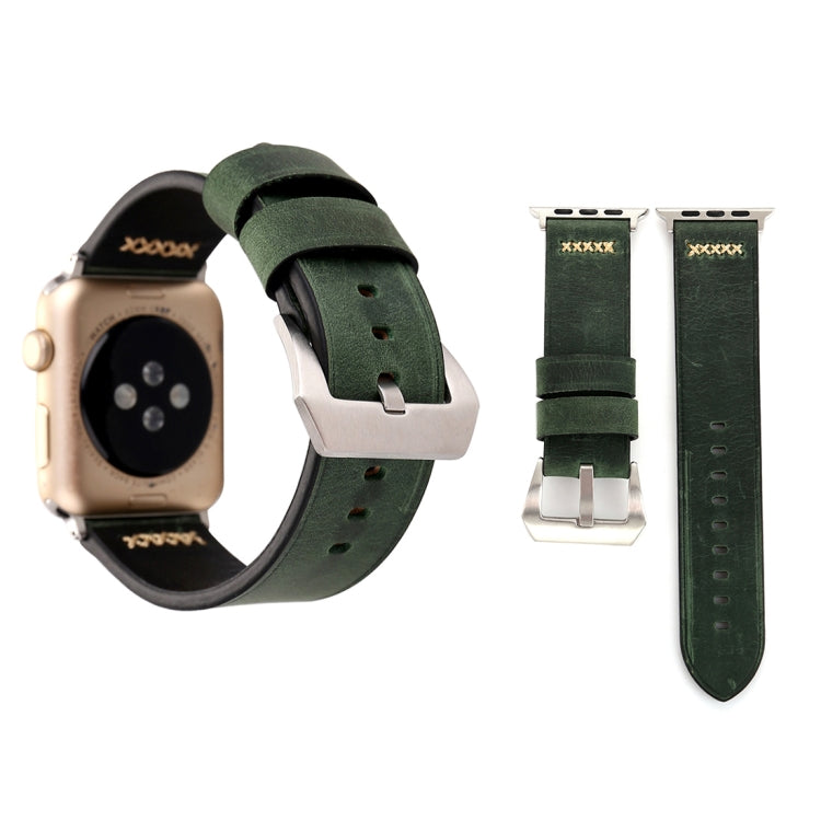 For Apple Watch 45mm 44mm 42mm Retro XX Line Pattern Genuine Leather Wrist Watch Band(Green)