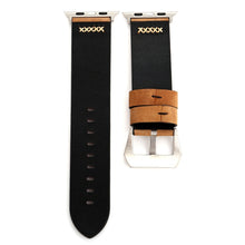 For Apple Watch 45mm 44mm 42mm Retro XX Line Pattern Genuine Leather Wrist Watch Band(Khaki)