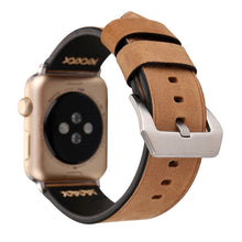 For Apple Watch 45mm 44mm 42mm Retro XX Line Pattern Genuine Leather Wrist Watch Band(Khaki)