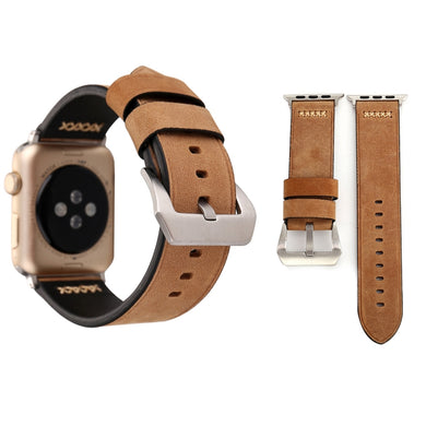For Apple Watch 45mm 44mm 42mm Retro XX Line Pattern Genuine Leather Wrist Watch Band(Khaki)