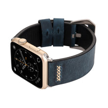 For Apple Watch 45mm 44mm 42mm Retro XX Line Pattern Genuine Leather Wrist Watch Band(Blue)