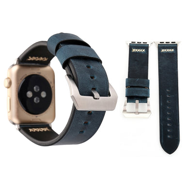 For Apple Watch 45mm 44mm 42mm Retro XX Line Pattern Genuine Leather Wrist Watch Band(Blue)