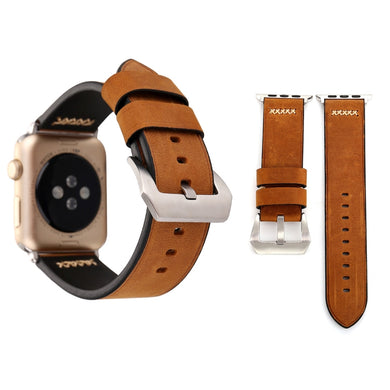 For Apple Watch 45mm 44mm 42mm Retro XX Line Pattern Genuine Leather Wrist Watch Band(Brown)