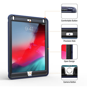 For iPad 9.7 inch (2017) 360 Degree Rotation PC+TPU Protective Cover with Holder & Hand Strap(Dark Blue)