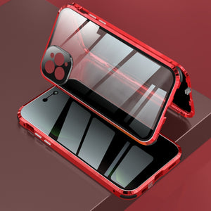 For iPhone 11 Pro Four-corner Shockproof Anti-peeping Magnetic Metal Frame Double-sided Tempered Glass Case (Red)