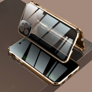 For iPhone 11 Pro Max Four-corner Shockproof Anti-peeping Magnetic Metal Frame Double-sided Tempered Glass Case (Gold)