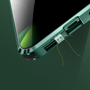 For iPhone 12 Pro Four-corner Shockproof Anti-peeping Magnetic Metal Frame Double-sided Tempered Glass Case(Dark Green)