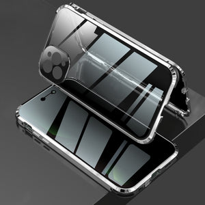 For iPhone 12 Pro Four-corner Shockproof Anti-peeping Magnetic Metal Frame Double-sided Tempered Glass Case(Silver)