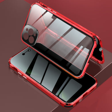 For iPhone 12 Pro Max Four-corner Shockproof Anti-peeping Magnetic Metal Frame Double-sided Tempered Glass Case(Red)