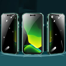 For iPhone 12 Pro Max Four-corner Shockproof Anti-peeping Magnetic Metal Frame Double-sided Tempered Glass Case(Dark Green)