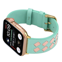 For Apple Watch Series 7 41mm / 6 & SE & 5 & 4 40mm / 3 & 2 & 1 38mm Woven Pattern Genuine Leather Strap(Green Pink)