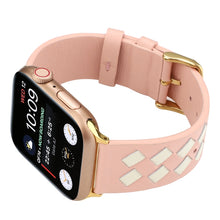 For Apple Watch Ultra 49mm / Series 8&7 45mm / SE 2&6&SE&5&4 44mm / 3&2&1 42mm Woven Pattern Genuine Leather Strap(Pink White)