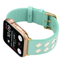 For Apple Watch Ultra 49mm / Series 8&7 45mm / SE 2&6&SE&5&4 44mm / 3&2&1 42mm Woven Pattern Genuine Leather Strap(Green White)