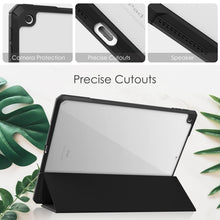 For iPad 10.2 2021 / 2020 / 2019 Transparent Acrylic + TPU Back Cover Horizontal Flip Leather Case with 3-folding Holder & Pen Holder & Sleep / Wake-up Function(Black)