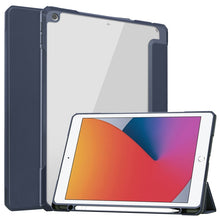 For iPad 10.2 2021 / 2020 / 2019 Transparent Acrylic + TPU Back Cover Horizontal Flip Leather Case with 3-folding Holder & Pen Holder & Sleep / Wake-up Function(Blue)