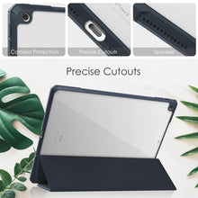 For iPad 10.2 2021 / 2020 / 2019 Transparent Acrylic + TPU Back Cover Horizontal Flip Leather Case with 3-folding Holder & Pen Holder & Sleep / Wake-up Function(Blue)