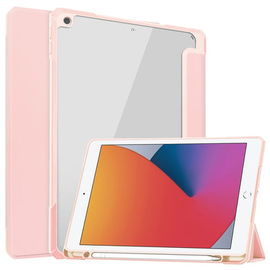 For iPad 10.2 2021 / 2020 / 2019 Transparent Acrylic + TPU Back Cover Horizontal Flip Leather Case with 3-folding Holder & Pen Holder & Sleep / Wake-up Function(Pink)