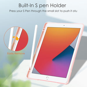 For iPad 10.2 2021 / 2020 / 2019 Transparent Acrylic + TPU Back Cover Horizontal Flip Leather Case with 3-folding Holder & Pen Holder & Sleep / Wake-up Function(Pink)