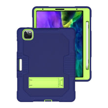 For iPad Pro 12.9 inch (2018/2020) Contrast Color Robot Shockproof Silicone + PC Protective Tablet Case with Holder(Navy Blue Yellow Green)