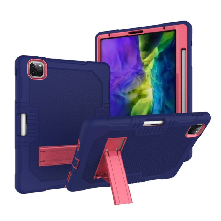 For iPad Pro 12.9 inch (2018/2020) Contrast Color Robot Shockproof Silicone + PC Protective Tablet Case with Holder(Navy Blue Rose)