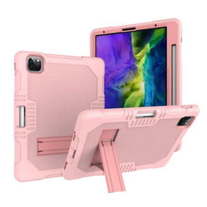 For iPad Pro 12.9 inch (2018/2020) Contrast Color Robot Shockproof Silicone + PC Protective Tablet Case with Holder(Rose Gold)