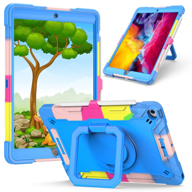 For iPad 10.2 2021 / 2020 / 2019 Contrast Color Shockproof Robot Silicone + PC Case with Wristband Holder(Camouflage + Blue)