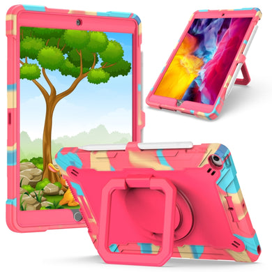 For iPad 10.2 2021 / 2020 / 2019 Contrast Color Shockproof Robot Silicone + PC Case with Wristband Holder(Camouflage + Rose Red)