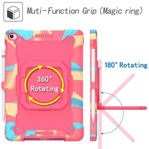 For iPad 10.2 2021 / 2020 / 2019 Contrast Color Shockproof Robot Silicone + PC Case with Wristband Holder(Camouflage + Rose Red)
